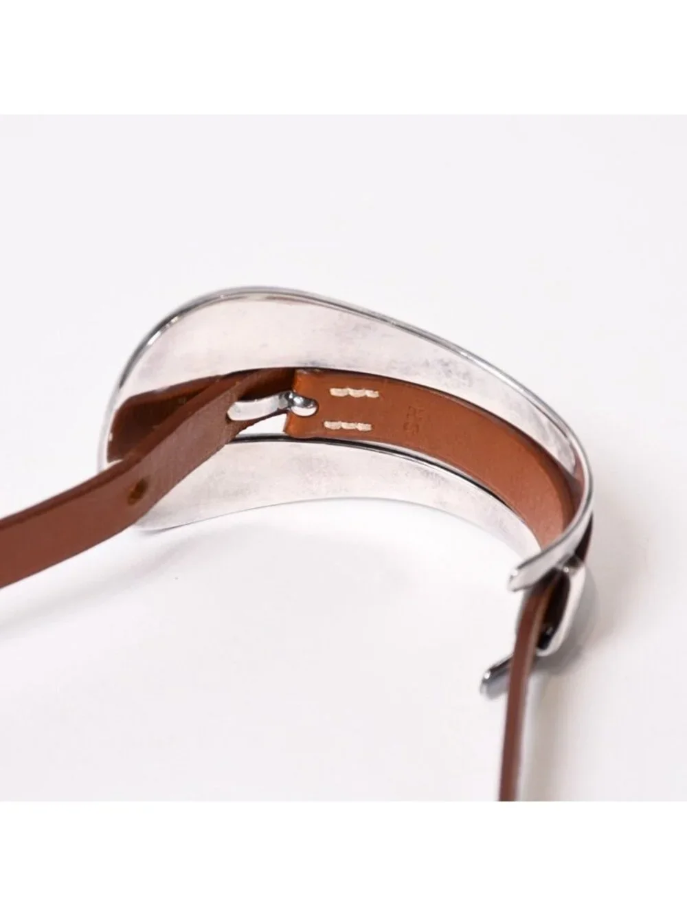 Hermes Belt Motif Leather Bracelet Brown 925 Sterling Silver